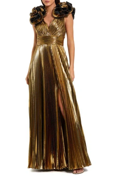 Mac Duggal Pleated Metallic V Neck Gown With Ruffle Detail In Gold