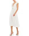 Mac Duggal Pleated Cap Sleeve Belted A-line Midi Dress In White