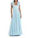 Mac Duggal Pleated Organza Gown With Ruffle Straps In Powder Blue
