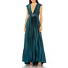 Mac Duggal Pleated Plunge Neck Belted A Line Gown In Blue