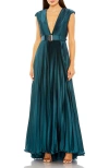 Mac Duggal Pleated Plunge Neck Belted A Line Gown In Midnight