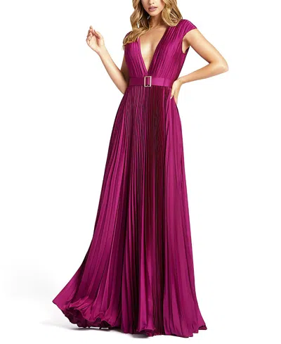 Mac Duggal Pleated Plunge Neck Belted Satin Gown In Purple