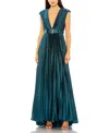 Mac Duggal Pleated Plunge Neck Belted A Line Gown
