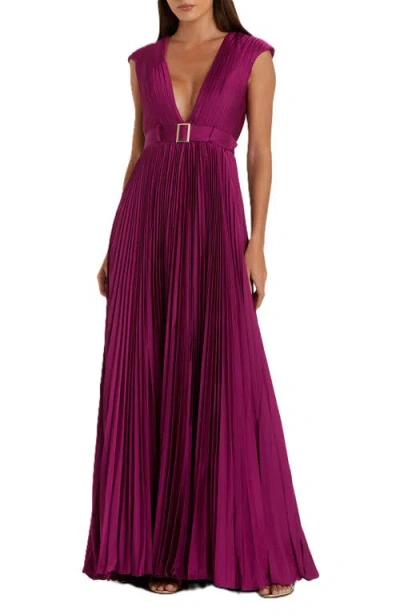 Mac Duggal Pleated Plunge Neck Belted Satin Gown In Raspberry