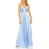 Mac Duggal Pleated Plunge Neck Wide Leg Jumpsuit In Blue