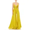 Mac Duggal Pleated Plunge Neck Wide Leg Jumpsuit In Chartreuse