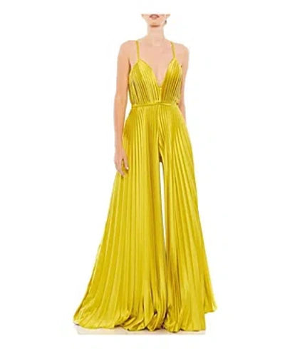 Mac Duggal Pleated Plunge Neck Wide Leg Jumpsuit In Chartreuse
