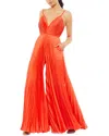 Mac Duggal Pleated Plunge Neck Wide Leg Jumpsuit In Orange