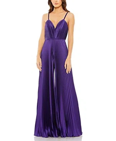 Mac Duggal Pleated Plunge Neck Wide Leg Jumpsuit In Purple