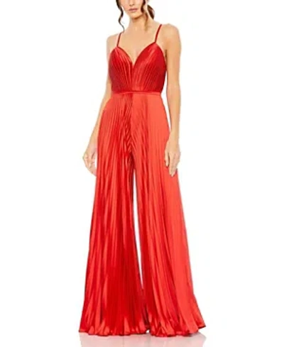 Mac Duggal Pleated Plunge Neck Wide Leg Jumpsuit In Red