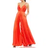 Mac Duggal Pleated Plunge Neck Wide Leg Jumpsuit In Tangerine