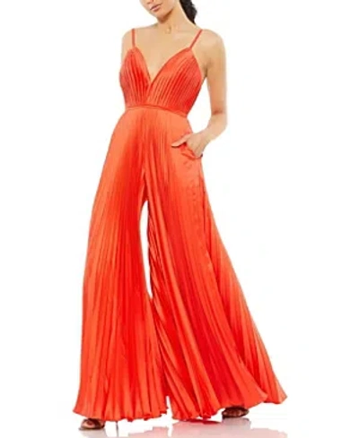 Mac Duggal Pleated Plunge Neck Wide Leg Jumpsuit In Tangerine