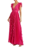 Mac Duggal Pleated Ruffle Cap Sleeve Flowy A Line Gown In Fuchsia