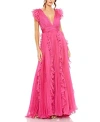 Mac Duggal Pleated Ruffle Cap Sleeve Chiffon Gown In Fuchsia