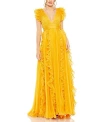 Mac Duggal Pleated Ruffle Cap Sleeve Chiffon Gown In Marigold