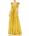 Mac Duggal Pleated Ruffled Cap Sleeve Cut Out Lace Up Gown In Chartreuse