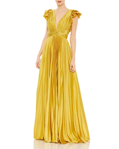 Mac Duggal Pleated Ruffled Cap Sleeve Cut Out Lace Up Gown In Chartreuse