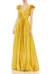 Mac Duggal Pleated Ruffled Cap Sleeve Cut Out Lace Up Gown In Chartreuse