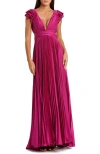 Mac Duggal Pleated Ruffled Cap Sleeve Cut Out Lace Up Gown In Fuchsia