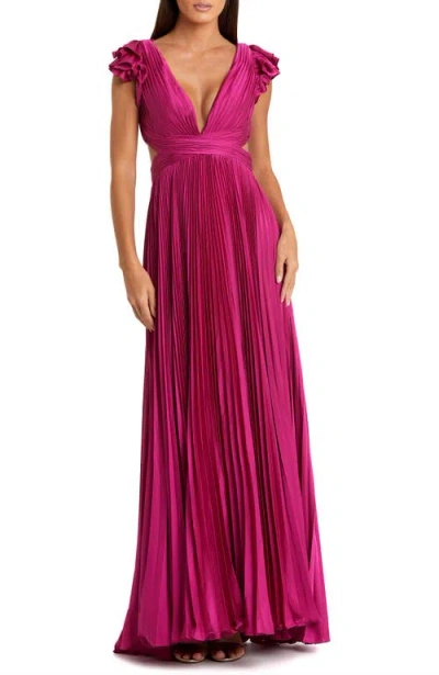 Mac Duggal Pleated Ruffled Cap Sleeve Cut Out Lace Up Gown In Fuchsia