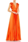 Mac Duggal Pleated Ruffled Cap Sleeve Cut Out Lace Up Gown In Sunset