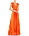 Mac Duggal Pleated Ruffled Cap Sleeve Cut Out Lace Up Gown In Sunset