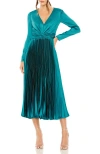 Mac Duggal Pleated Satin Charmeuse Dress With Long Sleeves In Blue
