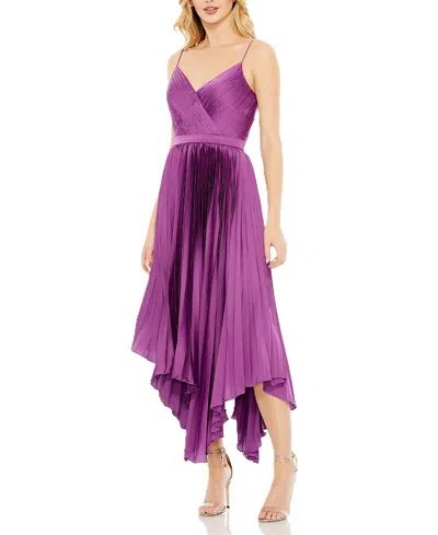MAC DUGGAL PLEATED SATIN FLOWY MIDI DRESS