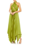 Mac Duggal Pleated Satin Halter Gown In Apple Green