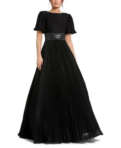 MAC DUGGAL PLEATED SHIMMERING GEORGETTE FLUTTER SLEEVE GOWN