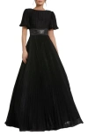 Mac Duggal Pleated Shimmering Georgette Flutter Sleeve Gown In Black