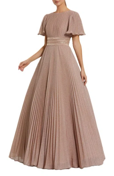 Mac Duggal Shimmering Pleated A-line Gown In Rose Gold