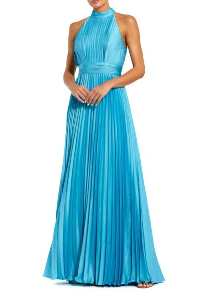 Mac Duggal Pleated Sleeveless Halter Gown In Blue