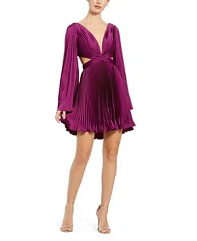 Mac Duggal Pleated V-neckline Cutout Long Sleeve Mini Dress In Purple