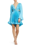 Mac Duggal Pleated V-neckline Cutout Long Sleeve Mini Dress In Turquoise