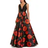 Mac Duggal Plunge Neck Ballgown With Floral Mikado Skirt In Black