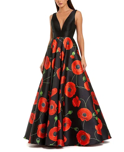 Mac Duggal Plunge Neck Ballgown With Floral Mikado Skirt In Black