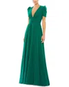 Mac Duggal Long Sleeve Ruched Waist A-line Gown In Green
