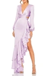 Mac Duggal Plunge Neck Cut Out Asymmetrical Ruffle Gown In Lilac