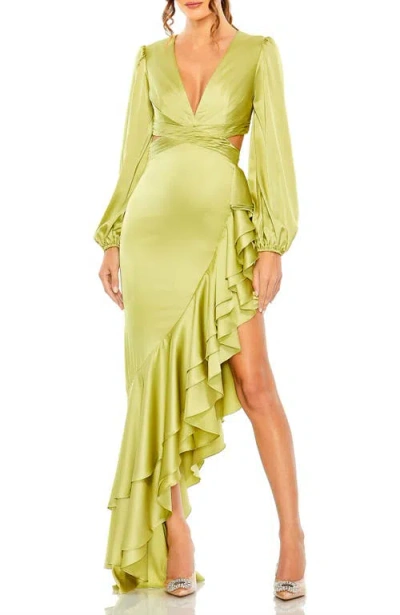 MAC DUGGAL MAC DUGGAL PLUNGE NECK CUT OUT ASYMMETRICAL RUFFLE GOWN