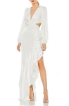 Mac Duggal Plunge Neck Cut Out Asymmetrical Ruffle Gown In White