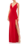 Mac Duggal Plunge Neck High Slit Gown In Red