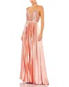 Mac Duggal Plunge Neck Pleated Evening Gown In Rose Gold