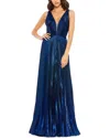 Mac Duggal Plunge Neck Pleated Metallic Gown In Blue