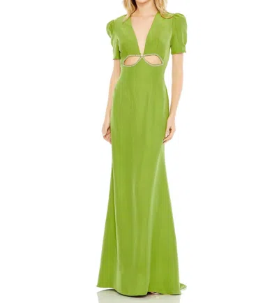 Mac Duggal Plunge Neck Puff Sleeve Cut Out Gown In Apple Green