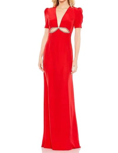 Mac Duggal Plunge Neck Puff Sleeve Cut Out Gown In Red