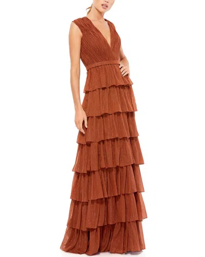 Mac Duggal Plunge Neck Ruffle Tiered Gown In Brown