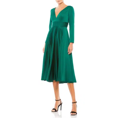 Mac Duggal Plunge Neck Satin A-line Dress In Emerald