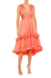 MAC DUGGAL PLUNGE NECK TIERED HIGH-LOW COCKTAIL DRESS