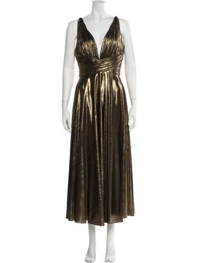 Pre-owned Mac Duggal Plunge Neckline Long Dress In Gold
